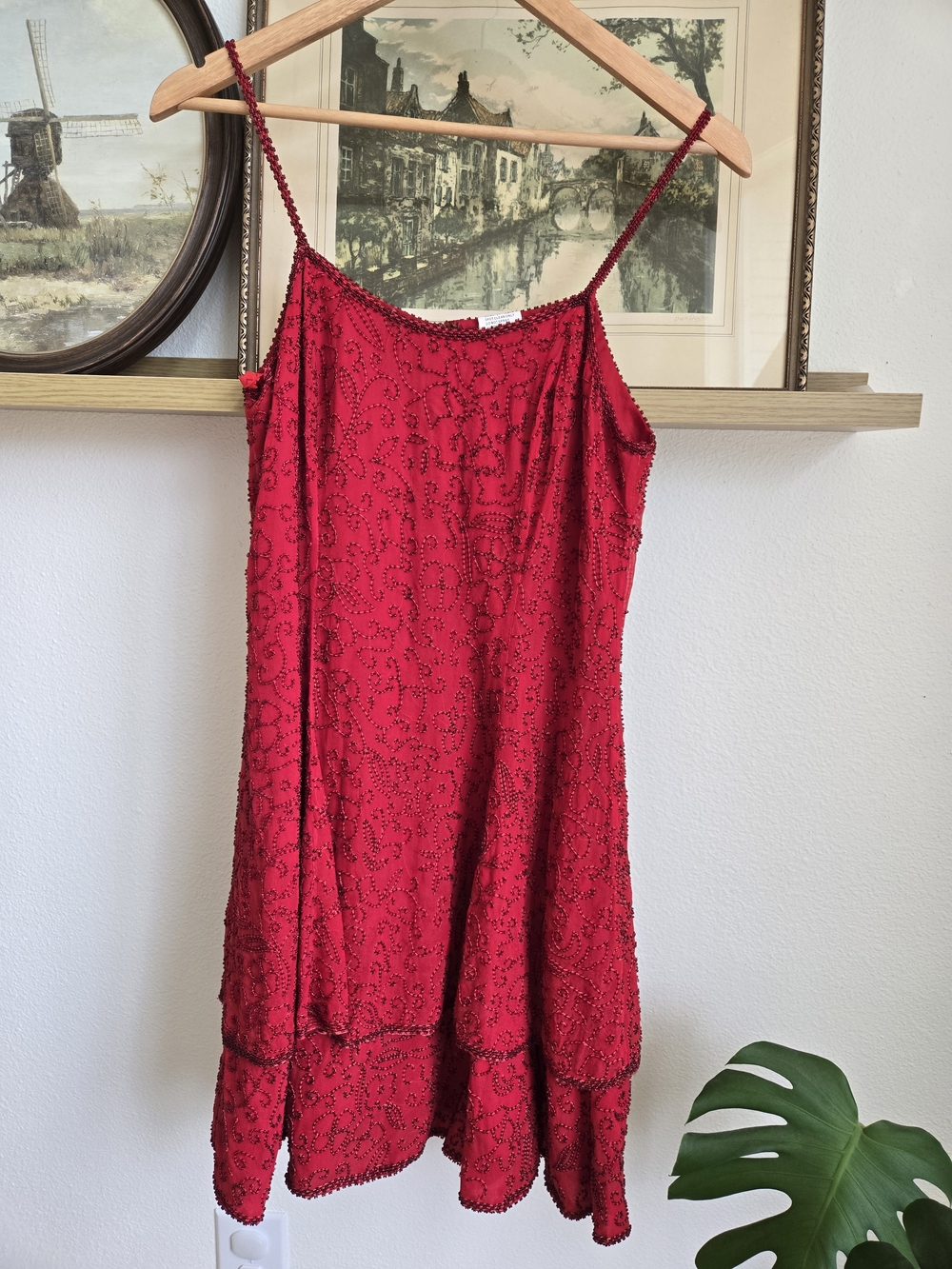 Vintage | Stenay Cherry Red Silk Beaded Mini Dress | Size 8 | Formal
